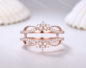 Diamond enhancer wedding band,14k rose gold ring,Double curved enhancer matching band,Floral personalized ring,Women anniversary gift ring