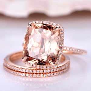 Rose Gold Morganite Engagement Ring Set Women Diamond Wedding Rings Half Eternity Stacking Promise Band 12x10mm Cushion Morganite 3pcs