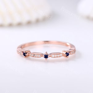Sapphire diamond ring,Unique wedding ring,Rose gold ring,Stacking matching ring for women,Anniversary bridal ring,Half eternity ring