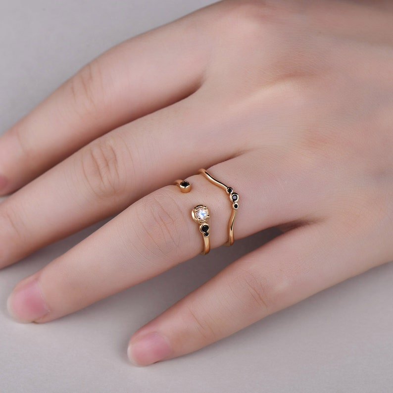 Moonstone Engagement Ring Set Yellow Gold Plated Black Cubic Zircon Matching Band Sterling Silver 925 Natural Moonstone Adjustable Ring Set