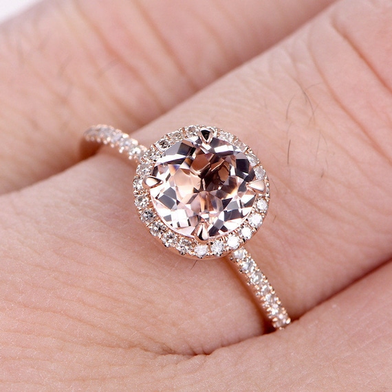 7mm Round Cut Unique Morganite Engagement Ring Rose Gold Morganite
