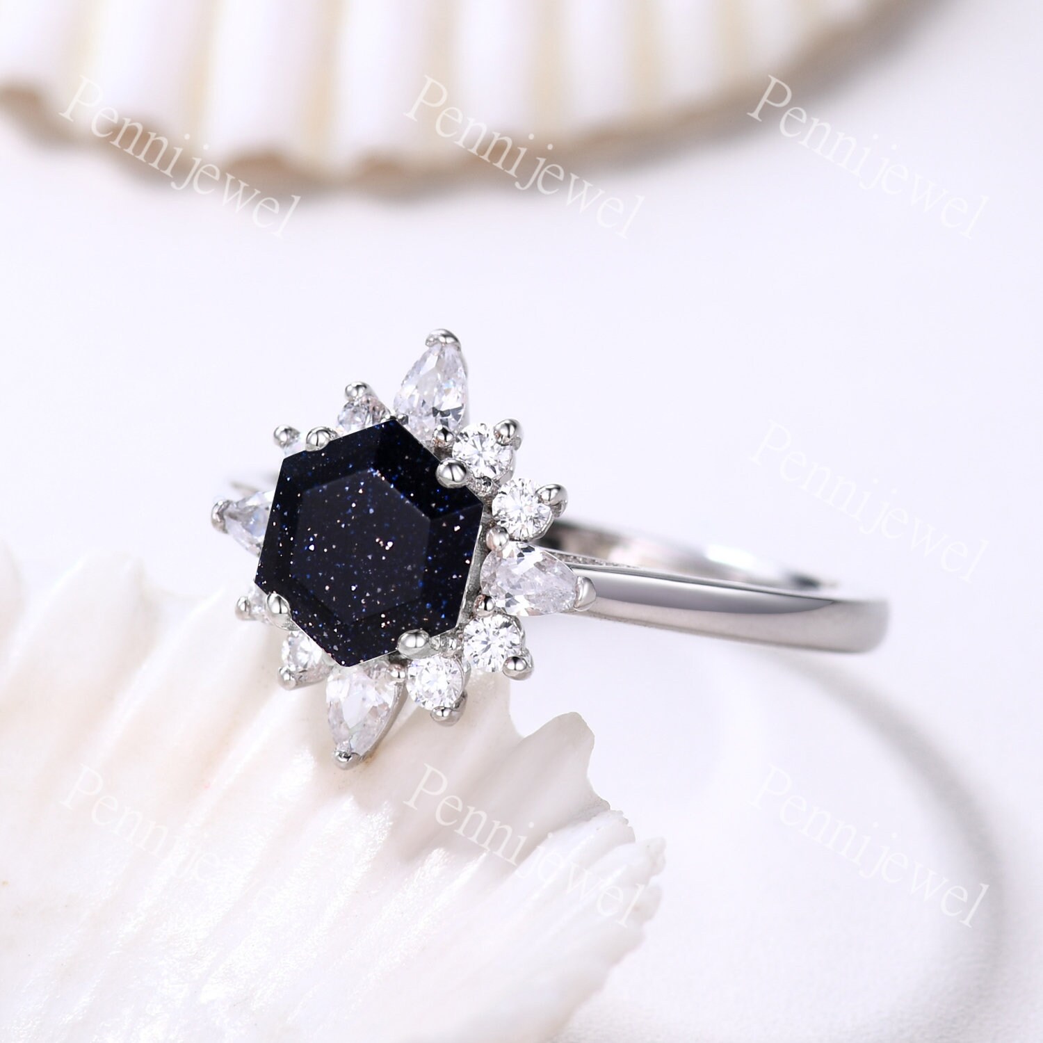Hexagon Cut Blue Sandstone Ring Unique Women Bridal Ring 14k White Gold ...