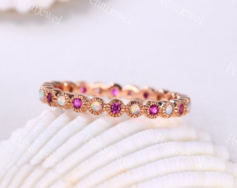 Unique Rose Gold Full Eternity Opal Ruby Ring,Milgrain Matching Band,1.5mm Ruby Opal Stacking Band,Valentine's Gift,Ruby Opal Promise Ring