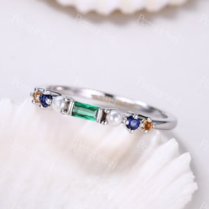 Dainty green emerald band,Unique wedding band,Sapphire Citrine stacking band,Gemstone anniverary gift,Minimalist emerald sliver ring band