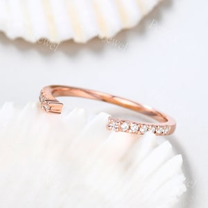 Diamond wedding band,14k rose gold open gap ring,Engagement ring stacking matching band,Half eternity band,Women wedding ring,Open gap band