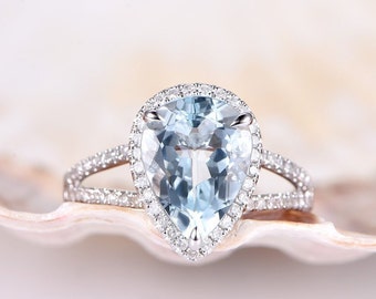 White Gold Aquamarine Engagement Ring VS 9x12mm Pear Cut Blue Aquamarine Solid 14k Diamond Wedding Band Split Shank Gemstone Promise Ring