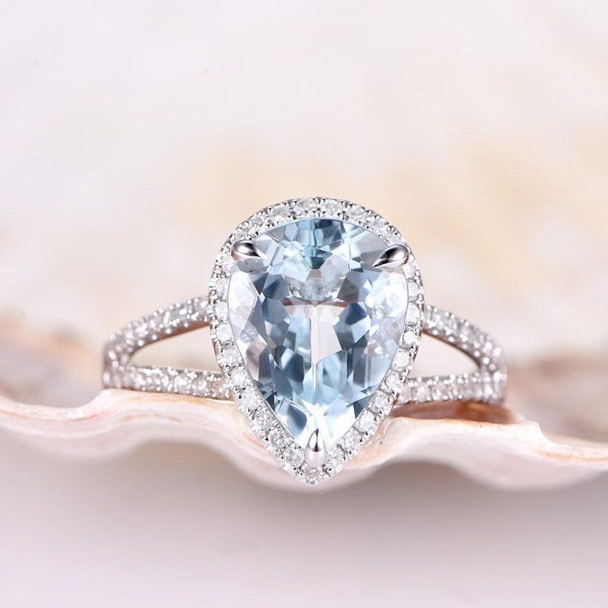 White Gold Aquamarine Engagement Ring VS 9x12mm Pear Cut Blue - Etsy
