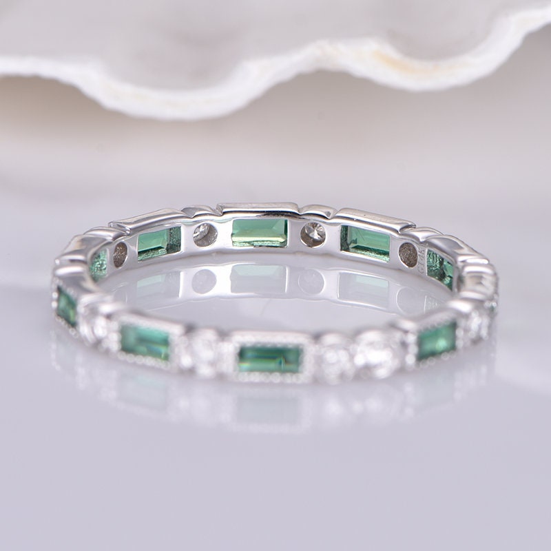 Emerald Diamond Wedding Band 14k White Gold Milgrain Full - Etsy