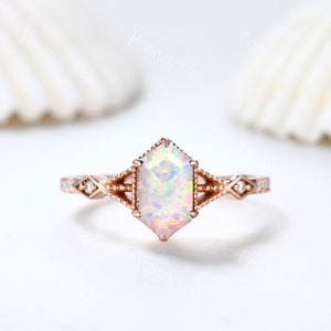 Vintage Long Hexagon Cut White Opal Ring Diamond Rose Gold Band Opal Jewelry Art Deco Promise Engagement Ring For Women October Ring Gift