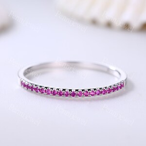 Half Eternity Ruby Wedding Band,Thin Band Design,14k White Gold,July Birthstone,Birthday Gift,Ruby Stacking Matching Ring,Ruby Promise Ring