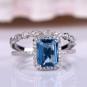 Topaz Ring Set Swiss Blue Topaz Engagement Ring Emerald cut Gemstone Art Deco Diamond Wedding Band Half Eternity Ring Solid 14K White Gold