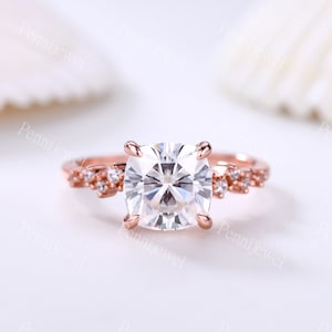 2ct Moissanite engagement ring,7mm cushion cut moissanite,Diamonds wedding band,14K rose gold,Vintage moissanite wedding ring,Promise ring