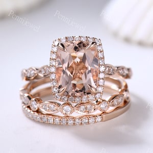 3pcs Morganite Ring Set,7x9mm Cushion Natural Morganite Diamond Engagement Ring,Rose Gold Diamond Wedding Band,Morganite Propose Ring Set