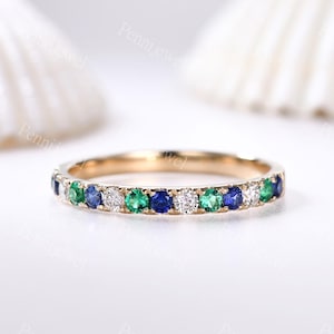 Emerald Sapphire Wedding Band,Stackable Birthstone Ring,Moissanite Matching Band,Half Eternity Band,Solid 14K Gold Ring,Promise Gift for Her