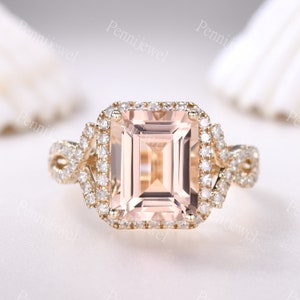 Vintage Emerald Cut Morganite Engagement Ring,Morganite Diamond Wedding Band,14K 18K Gold Halo Ring,Pink Gemstone Ring,Art Deco Bridal Gift