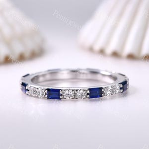 Baguette Sapphire Diamond Wedding Band,Blue Sapphire Eternity Band,Diamond Stacking Ring,White Gold Matching Ring,September Birthstone Gift