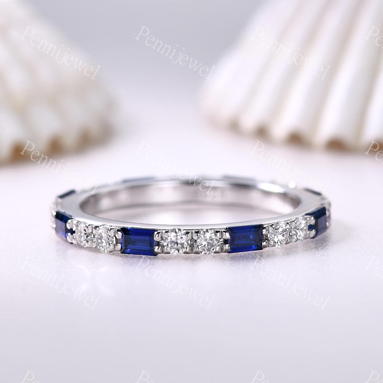 Baguette Sapphire Diamond Wedding Band,Blue Sapphire Eternity Band,Diamond Stacking Ring,White Gold Matching Ring,September Birthstone Gift