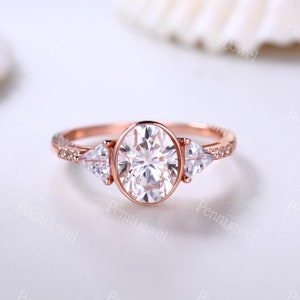 Unique 1.4CT Oval Cut Moissanite Engagement Ring 14k Solid Rose Gold Ring Moissanite Wedding Bridal Ring Bezel Set Art Deco Anniversary Ring