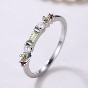 Green Peridot Wedding Band Vintage 14K White Gold Band Women Gemstone Ring Baguette Cut Stacking Band Unique Bridal Promise Gift For Her