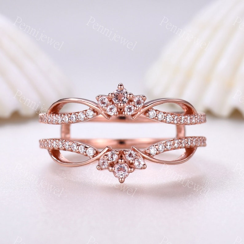 Morganite diamond enhancer wedding band,18k rose gold ring,Double curved matching band,Floral personalized ring,Women anniversary gift ring