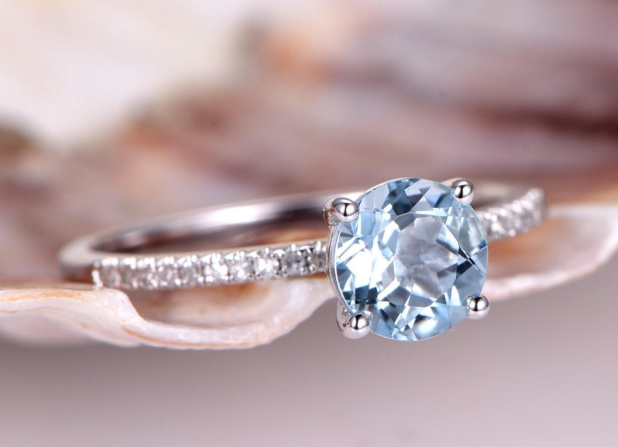 Aquamarine Engagement Ring 14k White Gold Diamond Wedding Thin | Etsy