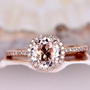 7mm Round Cut Unique Morganite Engagement Ring Rose Gold Morganite Diamond Halo Ring Diamond Wedding Band Promise Ring Bridal Ring Prong Set