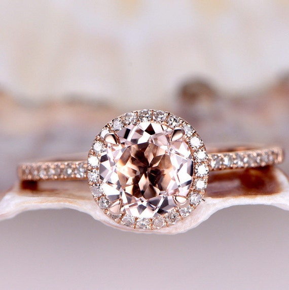 Morganite Ring Rose Gold Engagement Ring Diamond Wedding Band | Etsy