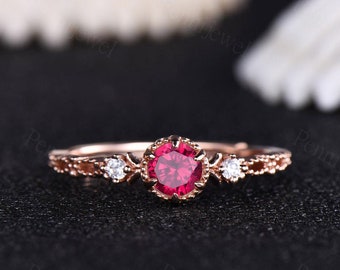 Ruby Ring Ruby Wedding Ring 14k Rose Gold Ruby Promise Ring Lab Stone Solitaire Ring Gift For Mom
