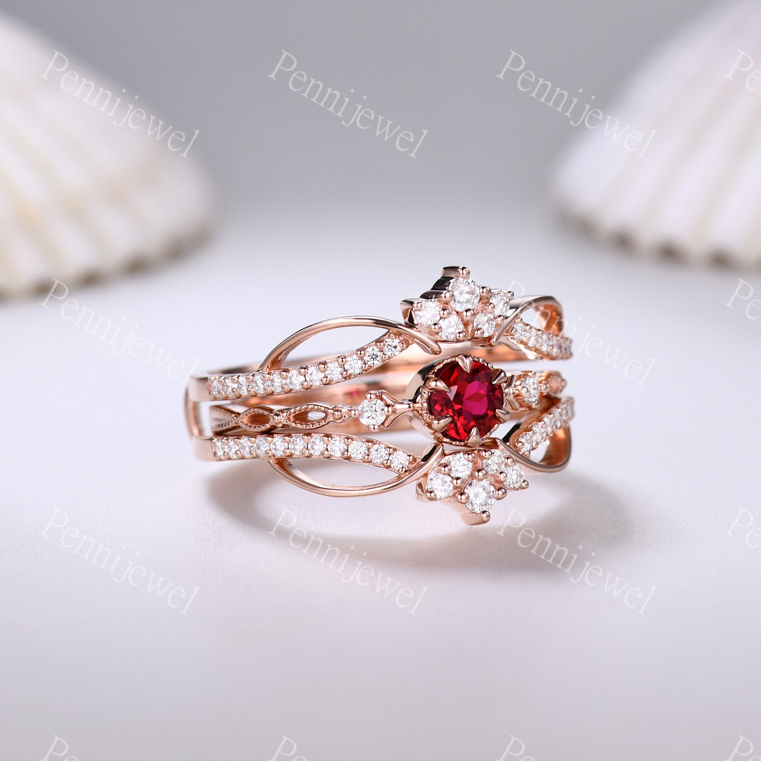 Ruby Rings Set Ruby Engagement Ring Set,diamond Enhancer Band,vintage Ruby Rings for ...