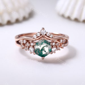 Moss agate engagement ring set,Vintage rose gold bridal set,Unique hexagon cut engagement ring,Diamond wedding ring Bridal anniversary ring