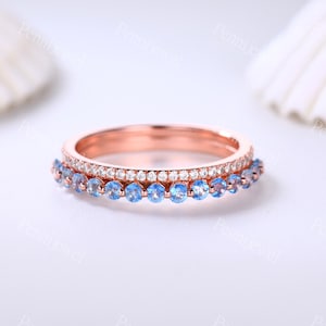 Half Eternity Swiss Blue Topaz Ring,Rose Gold Blue Topaz Diamond Wedding Band,Delicate Anniversary Gift,Half Eternity Matching Stacking Band