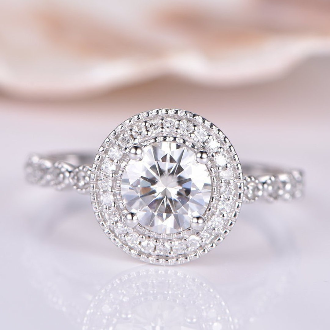 White Gold Moissanite Engagement Ring Art Deco Diamond Wedding Band 6 ...