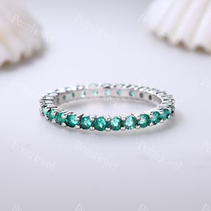 Art deco natural emerald wedding band 2mm round emerald full eternity band May birthstone emerald white gold ring Anniversary promise gift