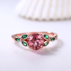 7mm Round Cut Padparadscha Sapphire Ring,Marquise Shaped Emerald Ring,14k Rose Gold,Anniversary Gift For Your Lover,Sapphire Promise Ring