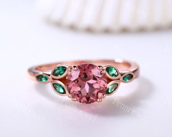 7mm Round Cut Padparadscha Sapphire Ring,Marquise Shaped Emerald Ring,14k Rose Gold,Anniversary Gift For Your Lover,Sapphire Promise Ring