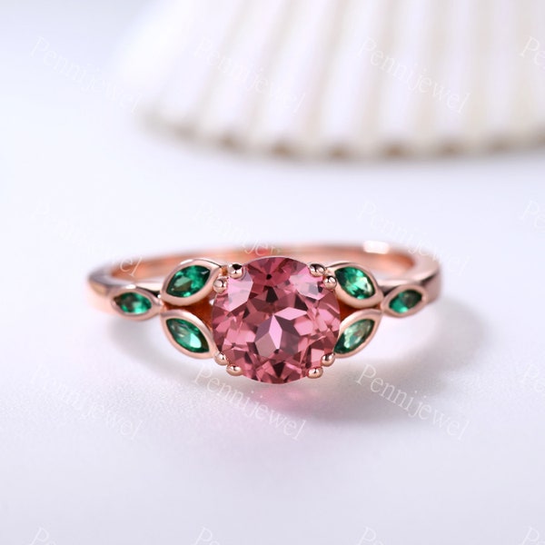 Bague en saphir Padparadscha de coupe ronde de 7 mm, bague en émeraude en forme de marquise, or rose 14 carats, cadeau d’anniversaire pour votre amant, bague de promesse en saphir