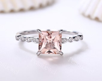 Unique Morganite engagement ring White gold art deco diamond band Princess cut morganite jewerly Anniversary promise morganite wedding ring