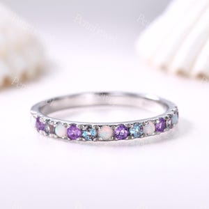 Family Birthstone Wedding Band Opal Alexandrite Stacking Ring Amethyst Matching Ring Half Eternity Pave Band Minimalist Jewelry Gift For Her