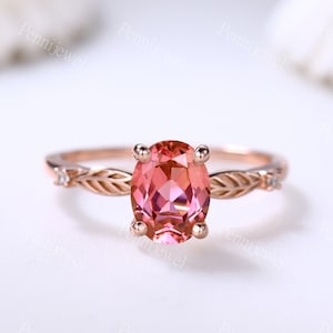 Orange Sapphire Diamond Engagement Ring,6x8mm Oval Cut,Rose Gold Ring,Birthday Gift For Women,Padparadscha Sapphire Promise Ring,Leaf Band