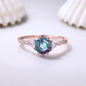Hexagon cut alexandrite engagement ring,14k rose gold vintage unique moissanite engagement ring,Art deco alexandrite wedding ring for women