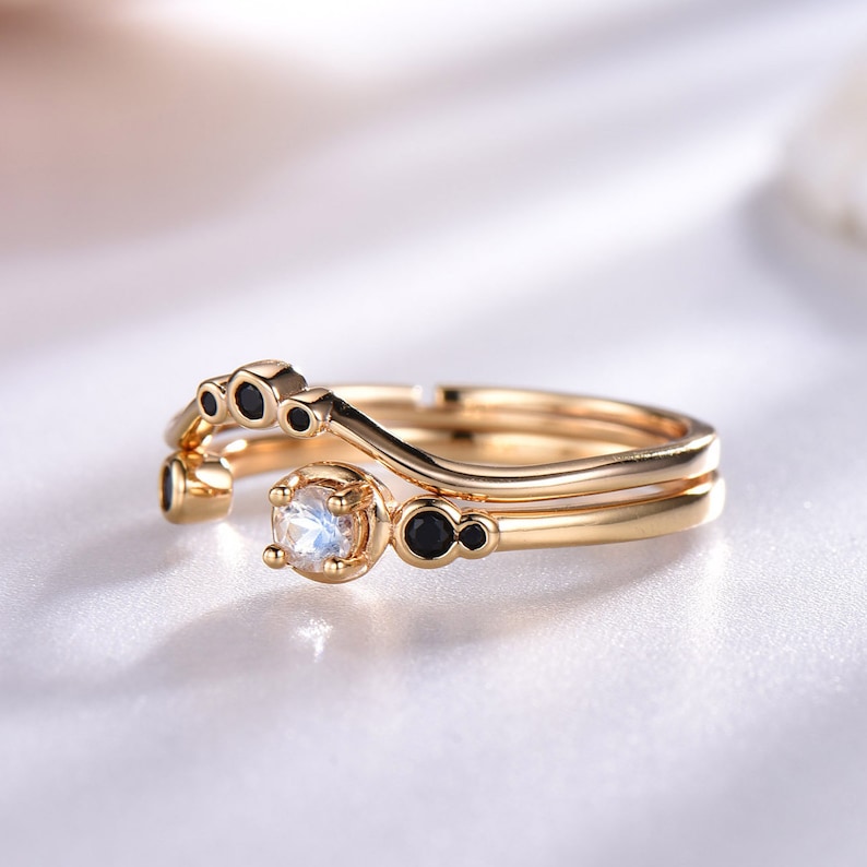Moonstone Engagement Ring Set Yellow Gold Plated Black Cubic Zircon Matching Band Sterling Silver 925 Natural Moonstone Adjustable Ring Set