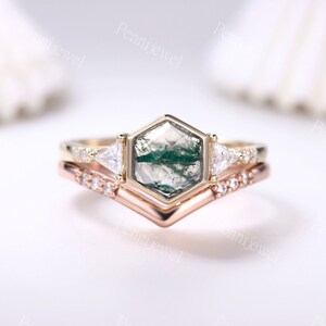 Vintage Hexagon Shaped Moss Agate Engagement Ring Unique Natural Green Moss Agate Ring Set Moissanite Diamond Band Promise Bridal Ring Set