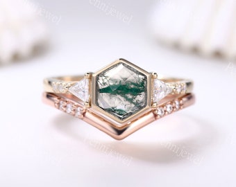 Vintage Hexagon Shaped Moss Agate Engagement Ring Unique Natural Green Moss Agate Ring Set Moissanite Diamond Band Promise Bridal Ring Set