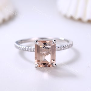 Morganite Engagement Ring Rose Gold Diamond Wedding Band 7x9mm Emerald Cut Pink Morganite Ring Bridal Promise Ring 14K Gemstone Anniversary