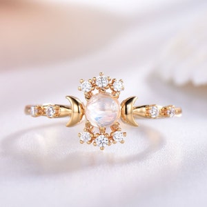 Moonstone Engagement Ring Antique CZ Diamond Halo Wedding Ring Yellow Gold Plated 925 Sterling Silver Bridal Anniversary Gift Adjustable