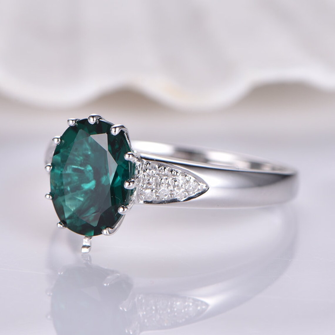 14k White Gold Emerald Engagement Ring Diamond Wedding Band | Etsy