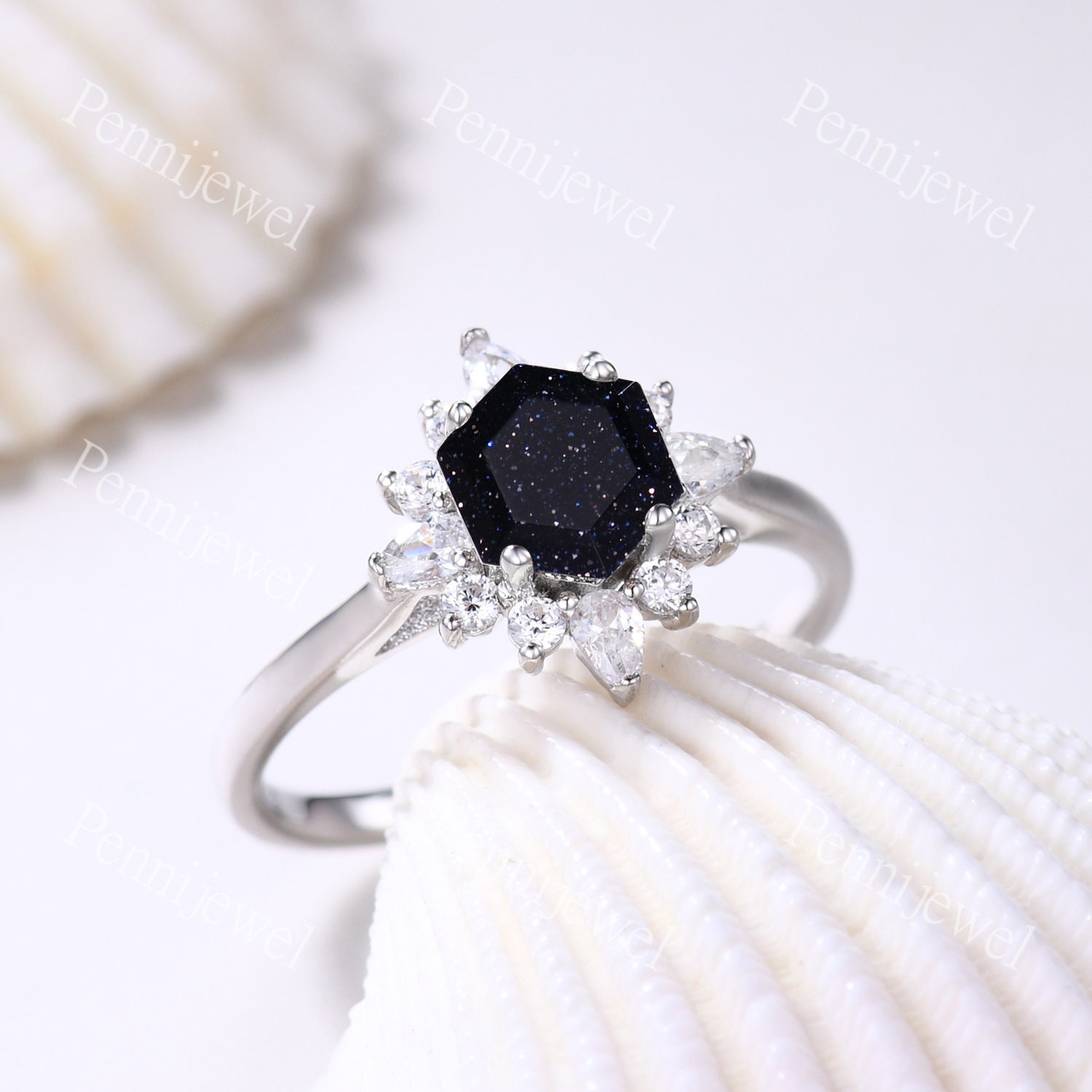 Hexagon Cut Blue Sandstone Ring Unique Women Bridal Ring 14k White Gold ...