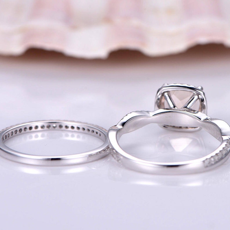 White Gold Morganite Engagement Ring Set Women Half Eternity - Etsy