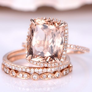 Juego de anillo de compromiso de morganita de 12 x 10 mm, alianza de boda estilo art déco, banda de eternidad con diamantes, juego de novia de morganita en oro rosa de 14 quilates