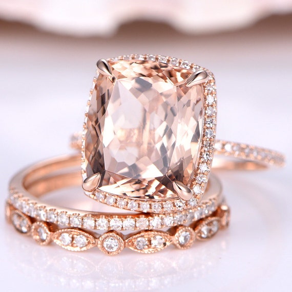 12x10mm Morganite Engagement Ring Set Art Deco Wedding Band | Etsy
